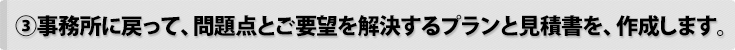 事務所に戻って、問題点とご要望を解決するプランを、設計室の一級建築士が作成し、パースまで仕上げます！（約2週間）