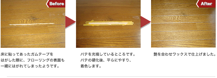 床に貼ってあったガムテープをはがした際に、フローリングの表面も一緒にはがれてしまったようです。 パテを充填しているところです。パテの硬化後、平らにやすり、着色します。 艶を合わせワックスで仕上げました。