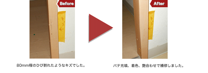 280mm程のひび割れたようなキズでした。 パテ充填、着色、艶合わせで補修しました。
